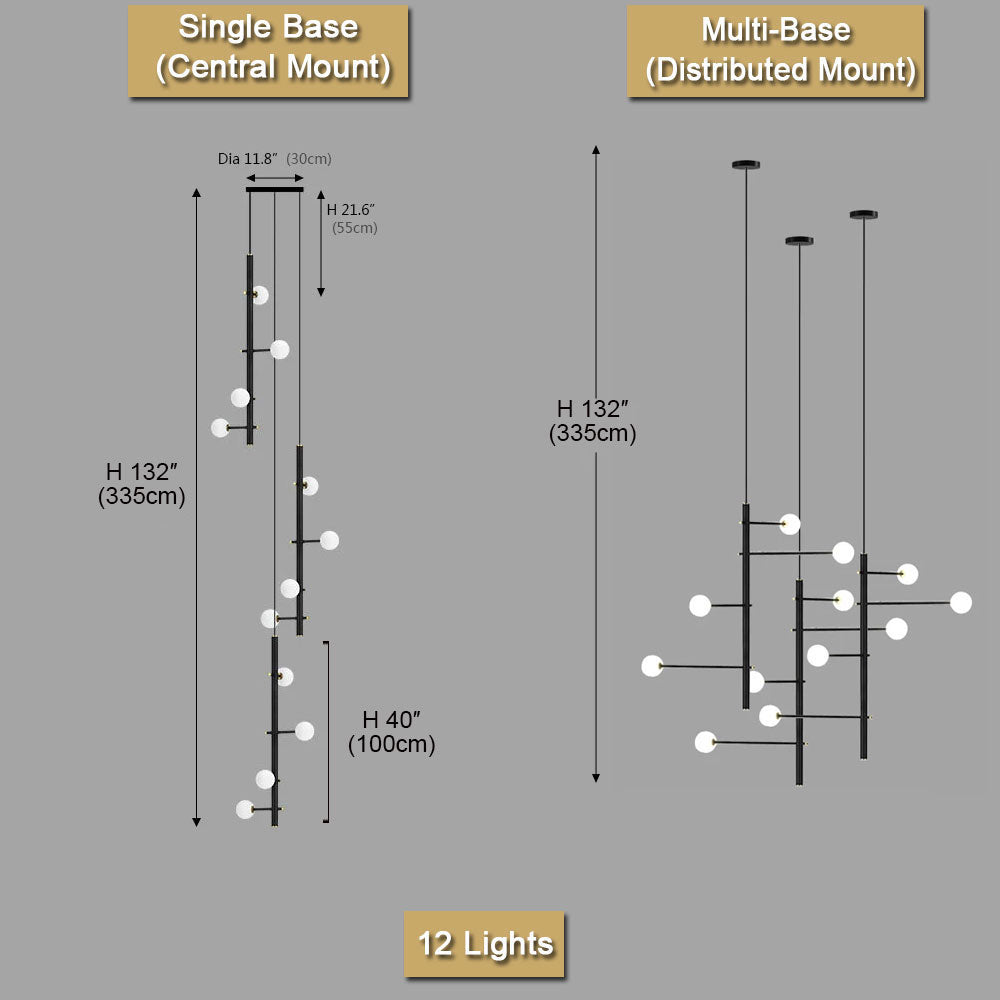 Nordic Industrial Black Long Chandelier – 12-light configuration size reference