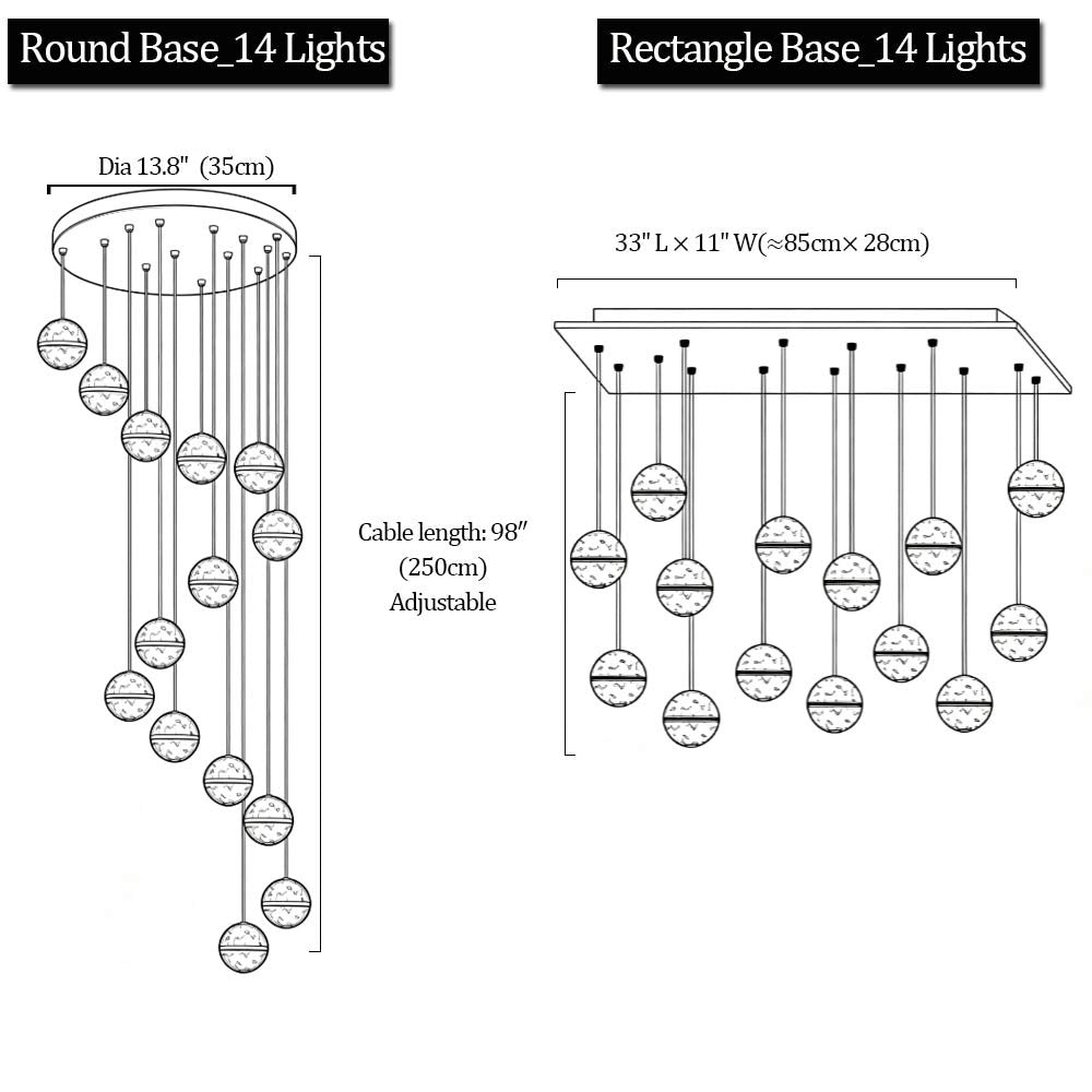 Technical dimension drawing for 14-light chandelier comparing round base (13.8-inch diameter) and rectangle base (33 by 11 inches)