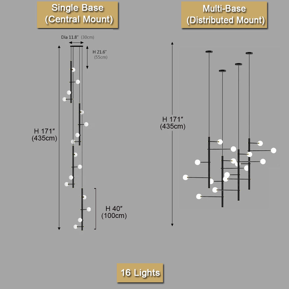 Nordic Industrial Black Long Chandelier – 16-light configuration size reference