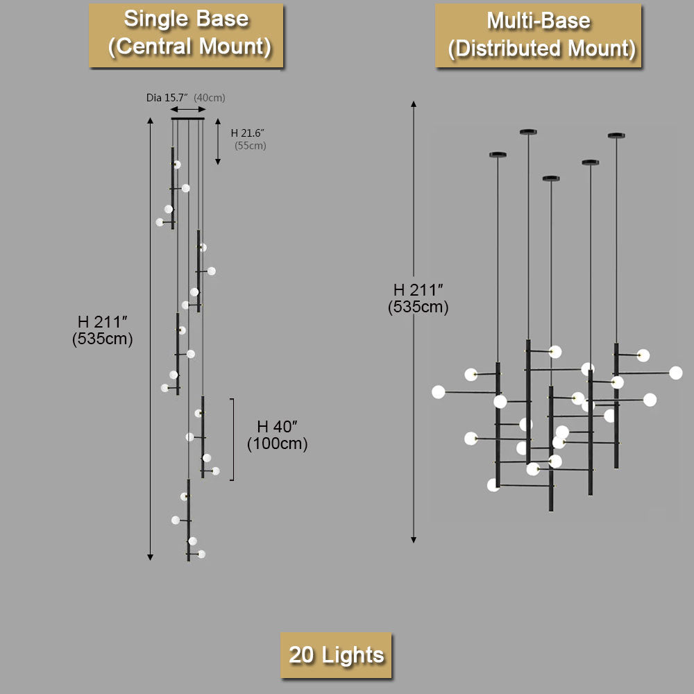 Nordic Industrial Black Long Chandelier – 20-light configuration size reference