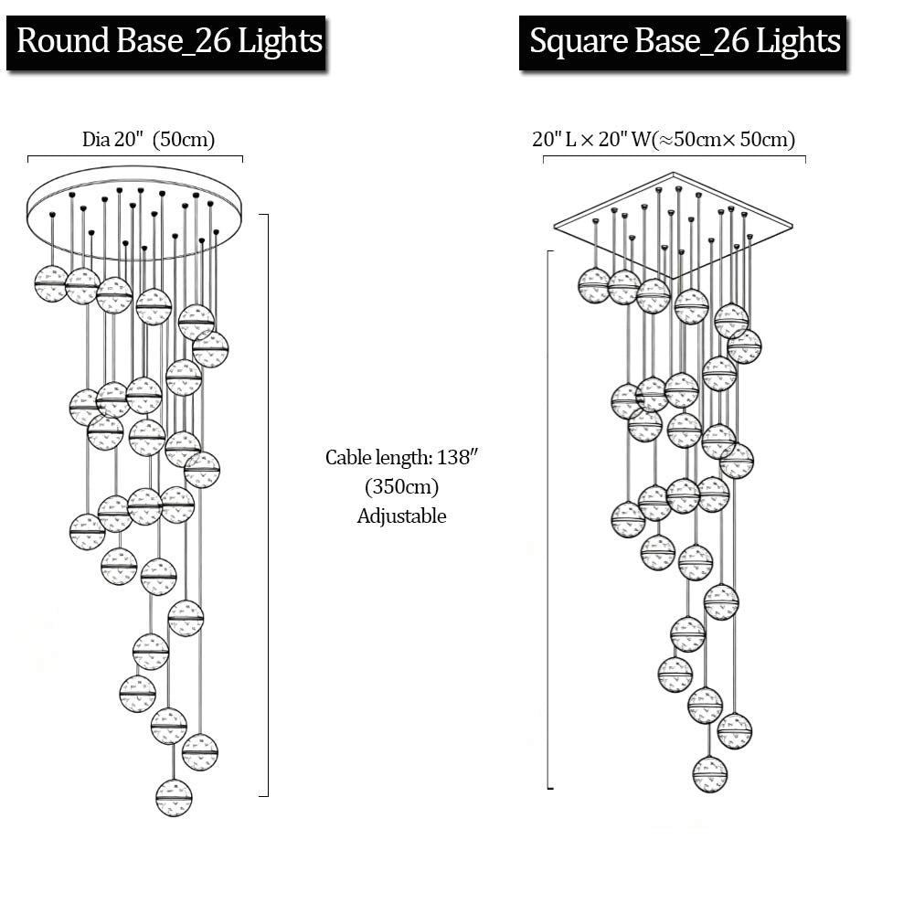 Technical dimension drawing for 26-light chandelier comparing round base (20-inch diameter) and square base (20 by 20 inches)