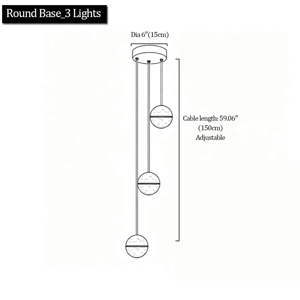 Technical dimension drawing for 3-light mini crystal pendant chandelier with 6-inch round canopy and 59-inch adjustable cables