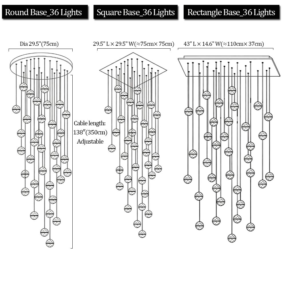 Technical dimension drawing for 36-light chandelier comparing round base (29.5-inch), square base (29.5 by 29.5-inch), and rectangle base (43 by 14.6-inch)