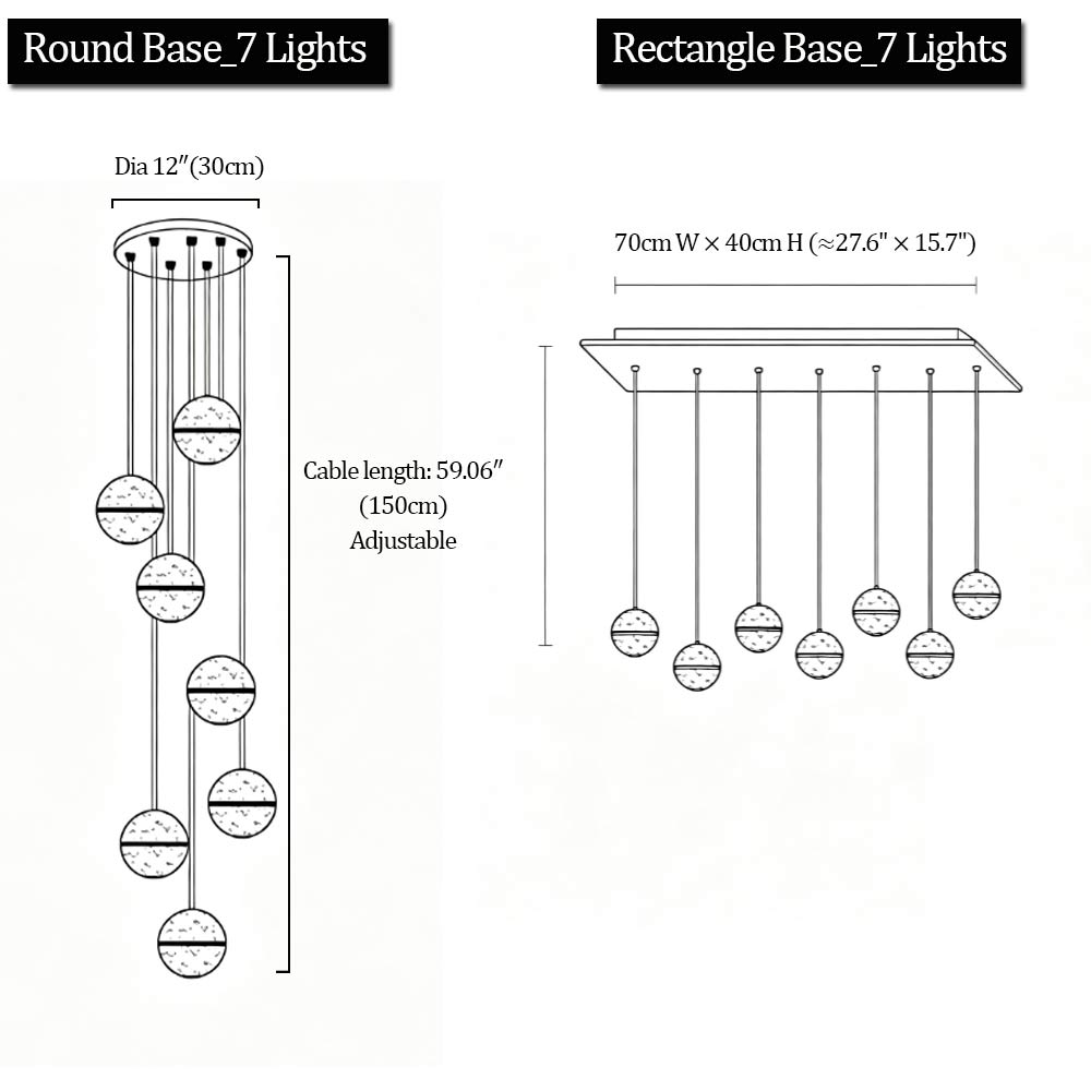 Technical dimension drawing for 7-light chandelier comparing round base (12-inch diameter) and rectangle base (27.6 by 15.7-inch)