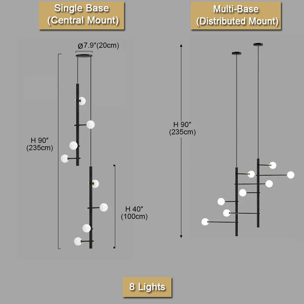 Nordic Industrial Black Long Chandelier – 8-light configuration size reference