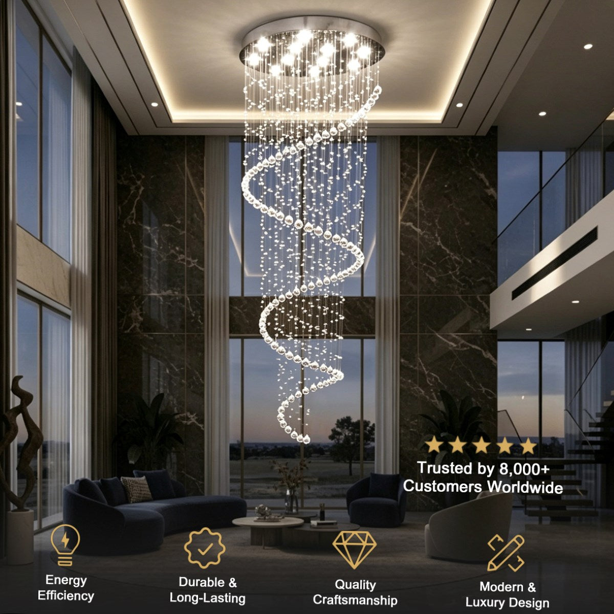 Transparent Crystal Spiral Chandelier for High Ceiling