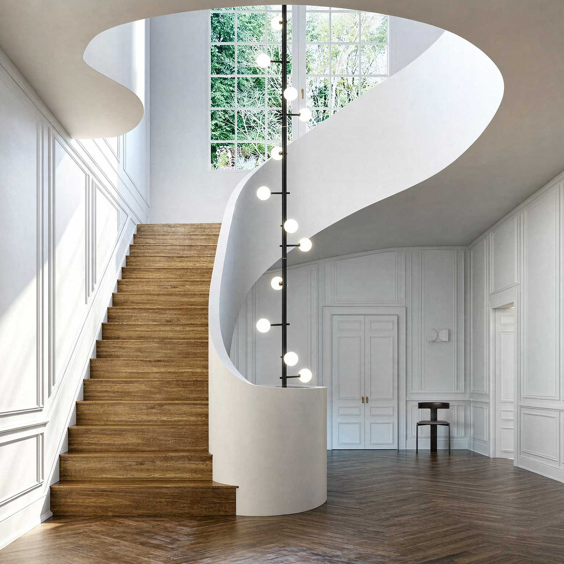 Black staircase chandelier with globe glass shades – matte black metal frame with milky white opal glass globes for high ceiling spiral staircase