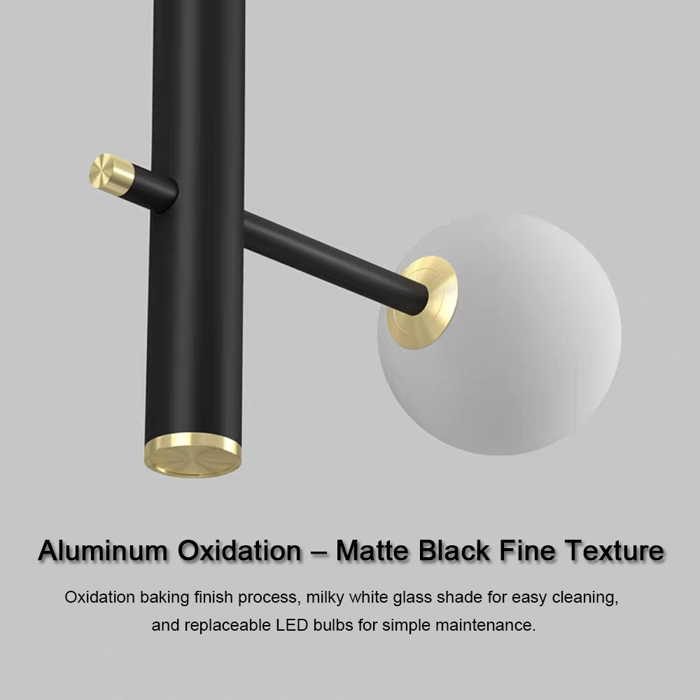 Black spiral staircase chandelier with globe glass shades installed in high ceiling living room – modern minimalist pendant chandelier for residential interior