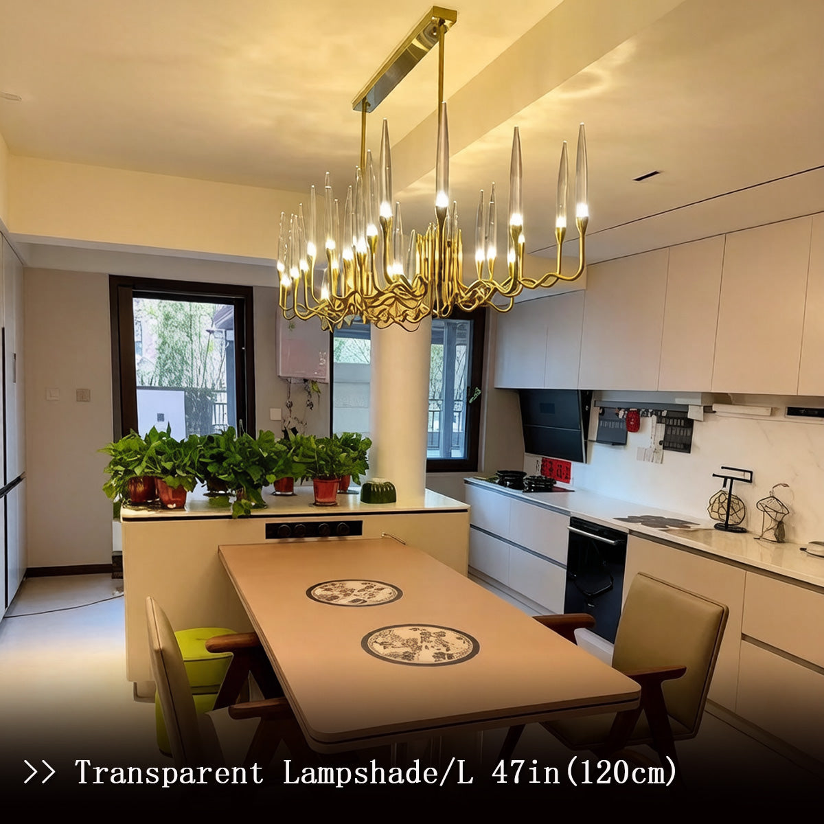 Candelabra chandelier full-length view showing linear frame and G4 LED bulbs arrangement