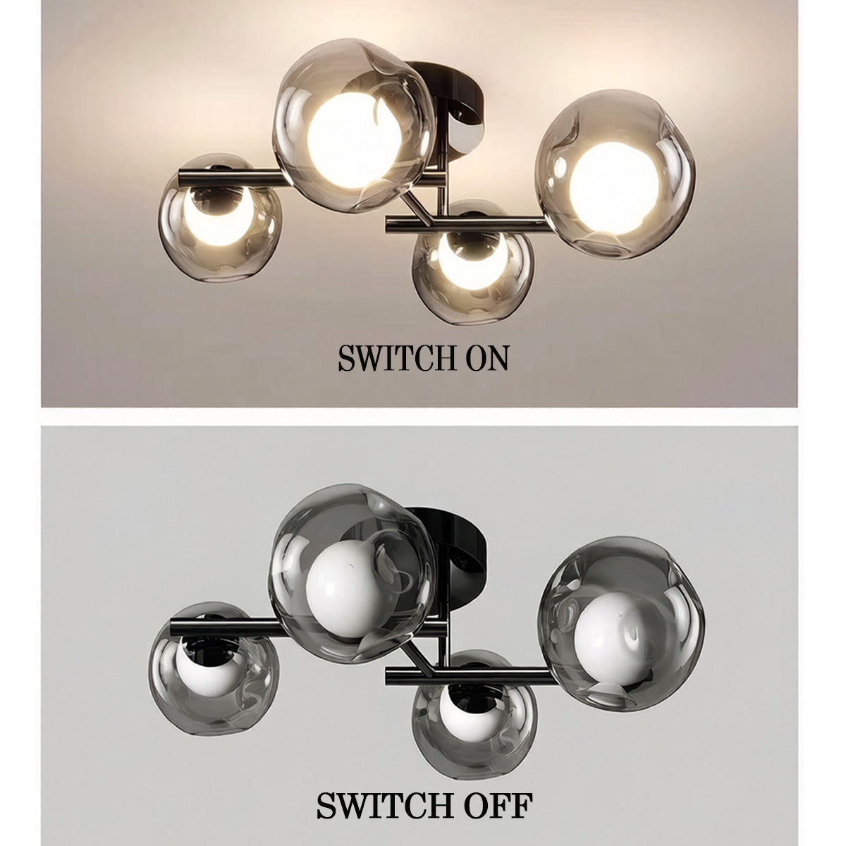 Contemporary Smoke Glass Flush Ceiling Light -Switch On and Switch Off