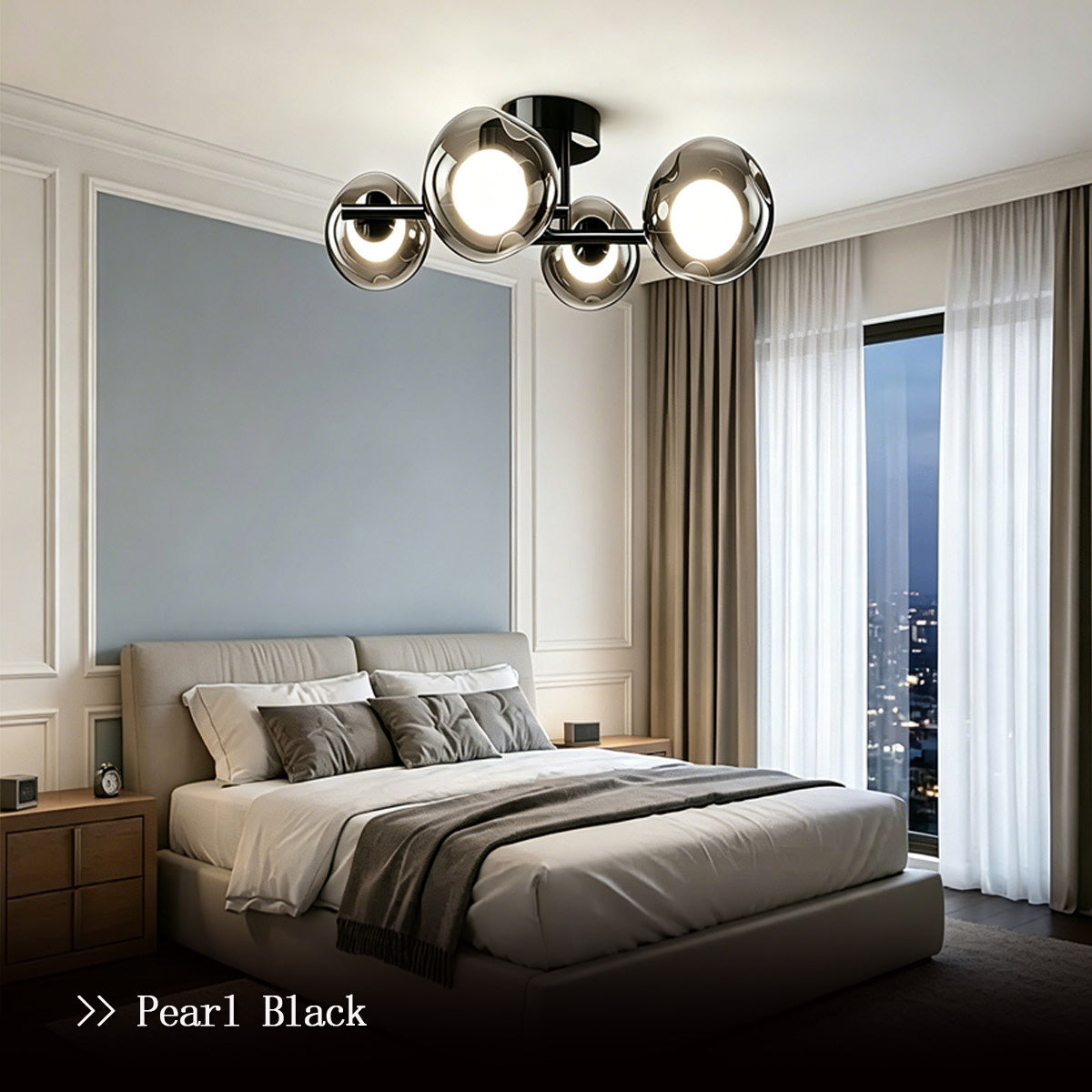 Contemporary Smoke Glass Flush Ceiling Light - matte black smoke glass ceiling light in a modern bedroom