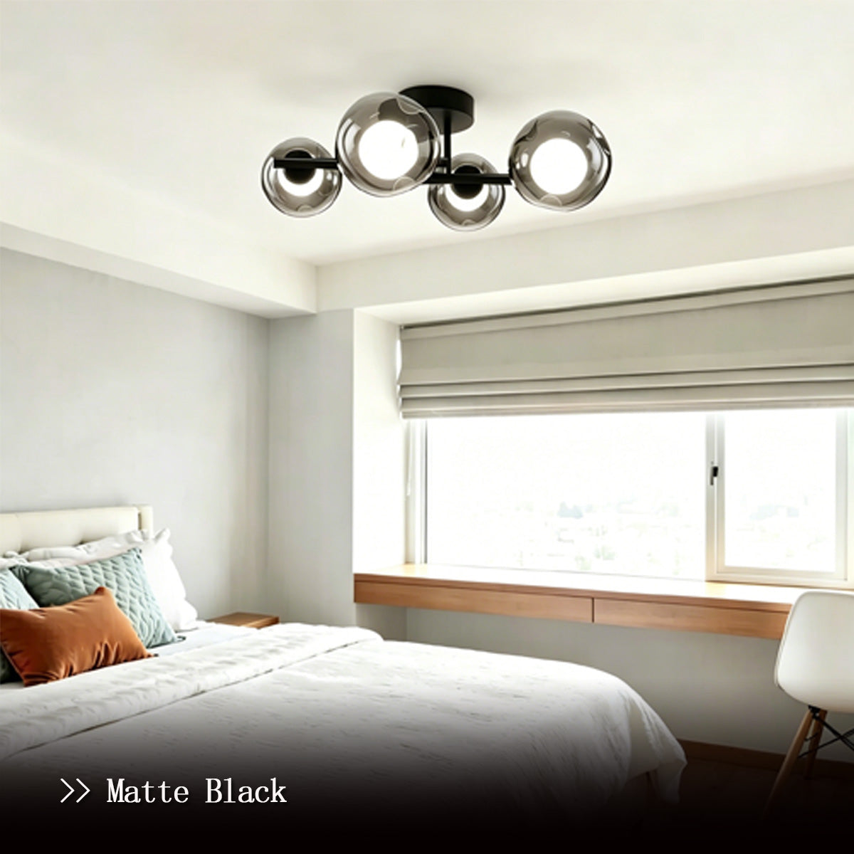 Contemporary Smoke Glass Flush Ceiling Light - smoke glass flush mount light in a minimalist bedroom setting