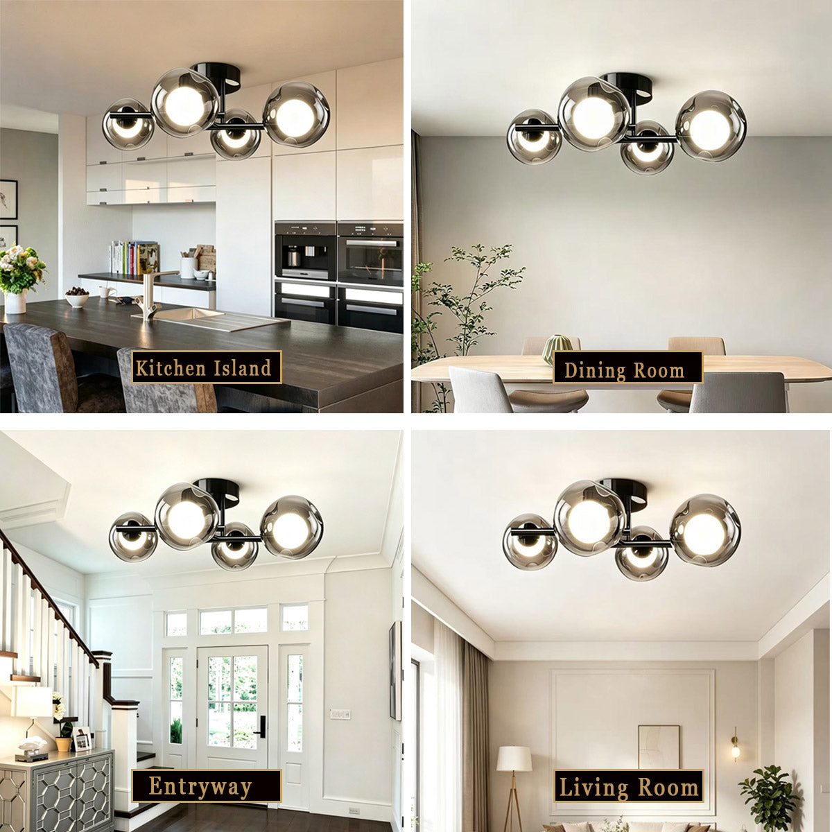 Contemporary Smoke Glass Flush Ceiling Light - Suitable for Kitchen Dining Room Entryway Living Room