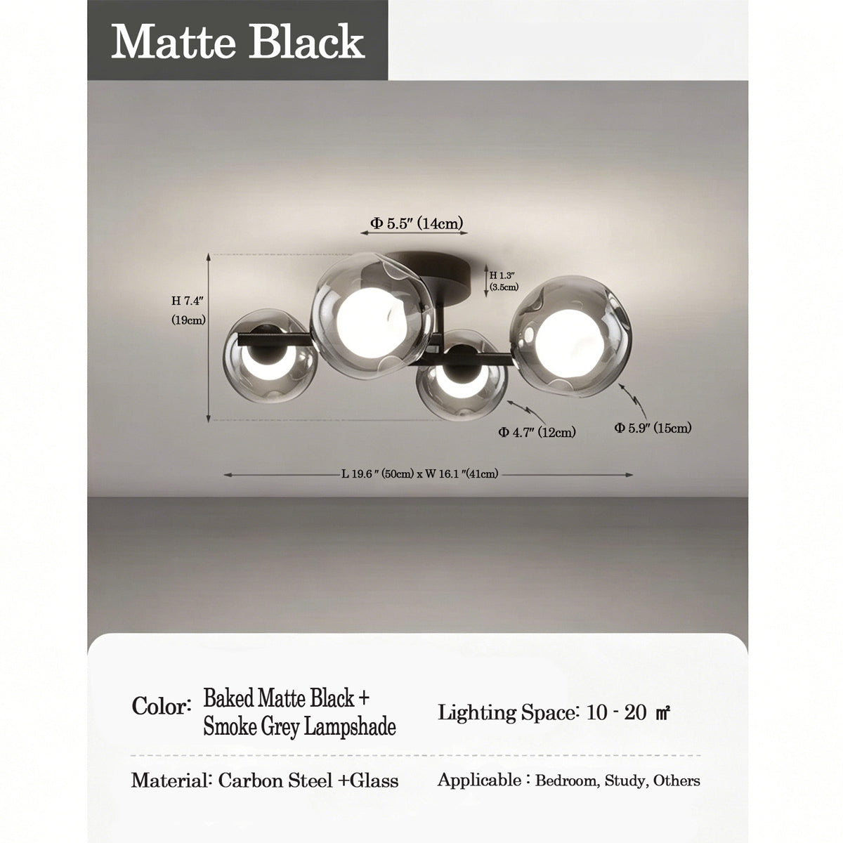 Contemporary Smoke Glass Flush Ceiling Light - Matte Black Size Chart L50cm W41cm H19cm