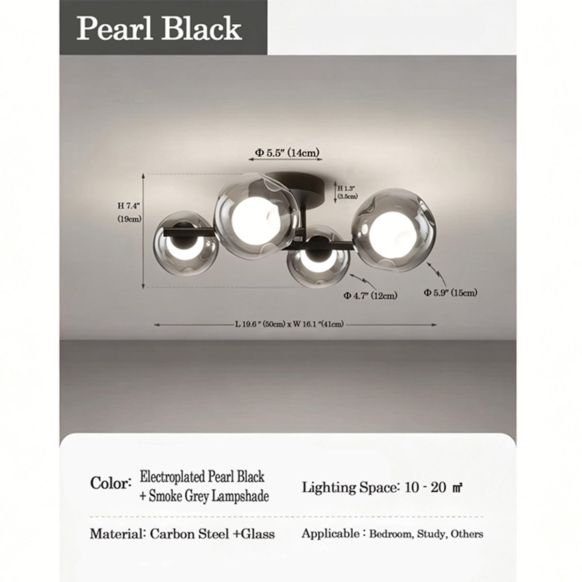 Contemporary Smoke Glass Flush Ceiling Light - Pearl Black Size Chart Smoke Grey Lampshade