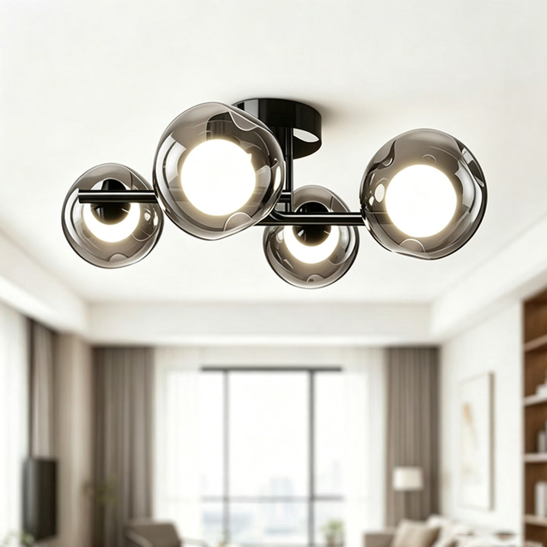 Contemporary Smoke Glass Flush Ceiling Light - Smoke Grey Glass Ball Ceiling Light Black Frame