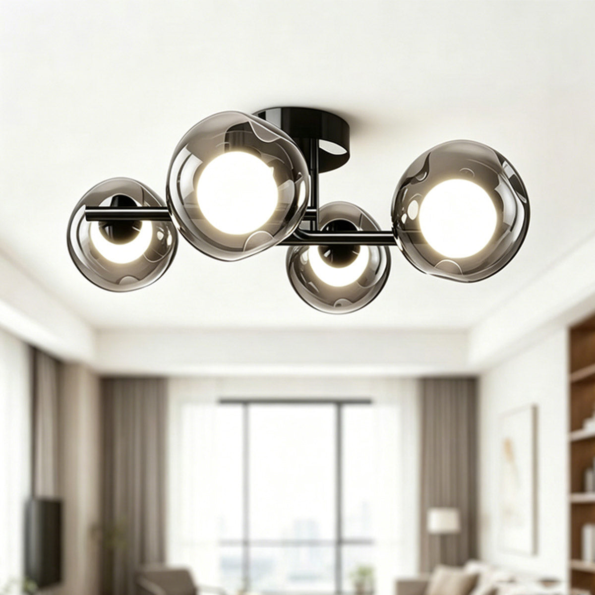 Contemporary Smoke Glass Flush Ceiling Light - Smoke Grey Glass Ball Ceiling Light Black Frame
