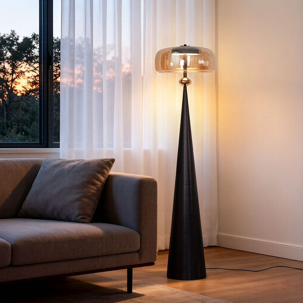 Modern Cone Floor Lamp - Amber Glass Shade Matte Black Base
