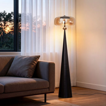Modern Cone Floor Lamp - Amber Glass Shade Matte Black Base