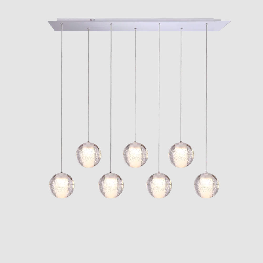 7-light modern linear rectangle canopy crystal bubble pendant light fixture on white background