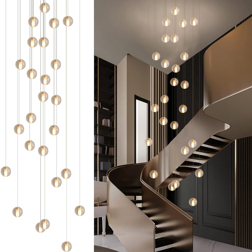 26-light spiral crystal ball chandelier design showing adjustable cord arrangement and spiral staircase application