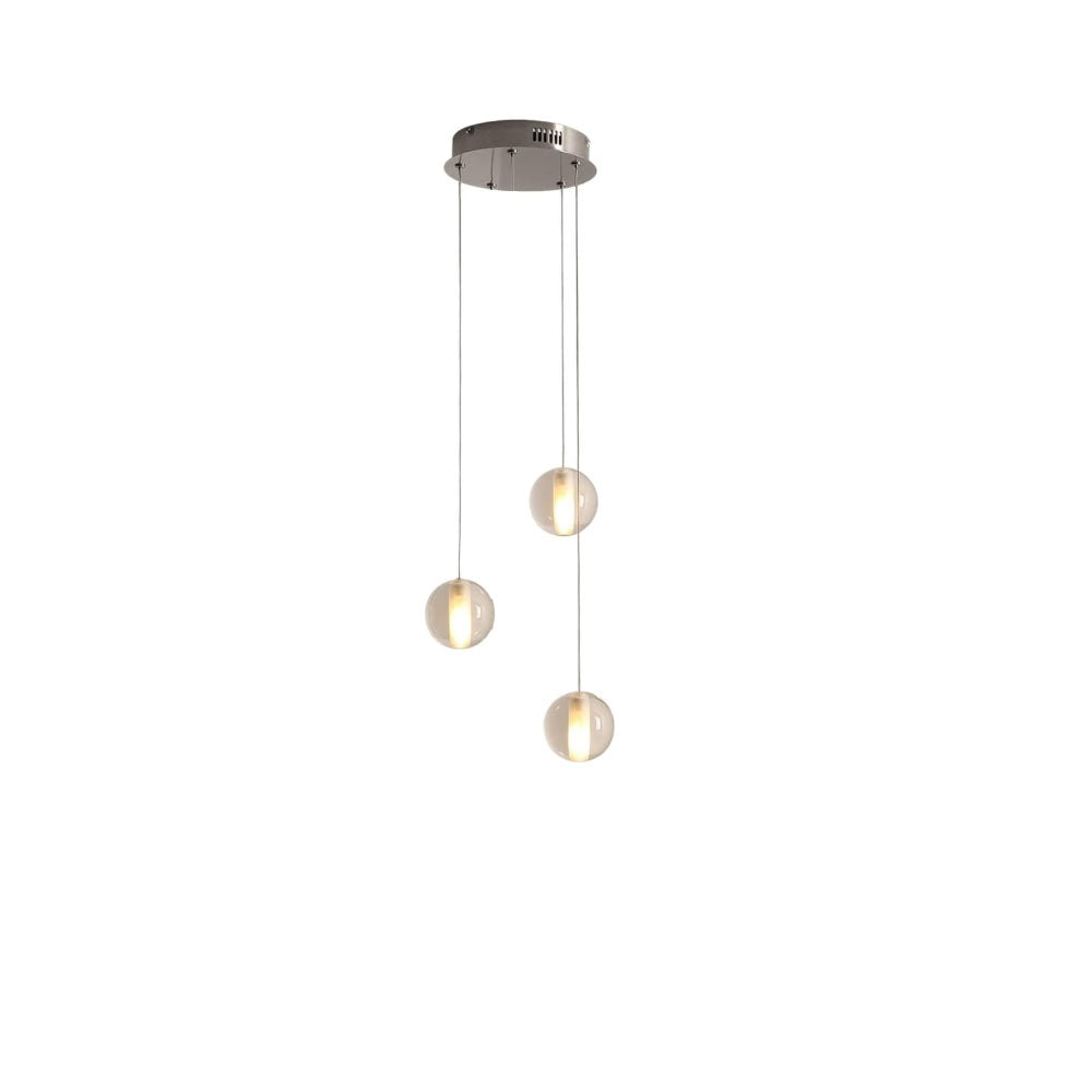 3-light round chrome canopy crystal bubble pendant light fixture isolated on white background