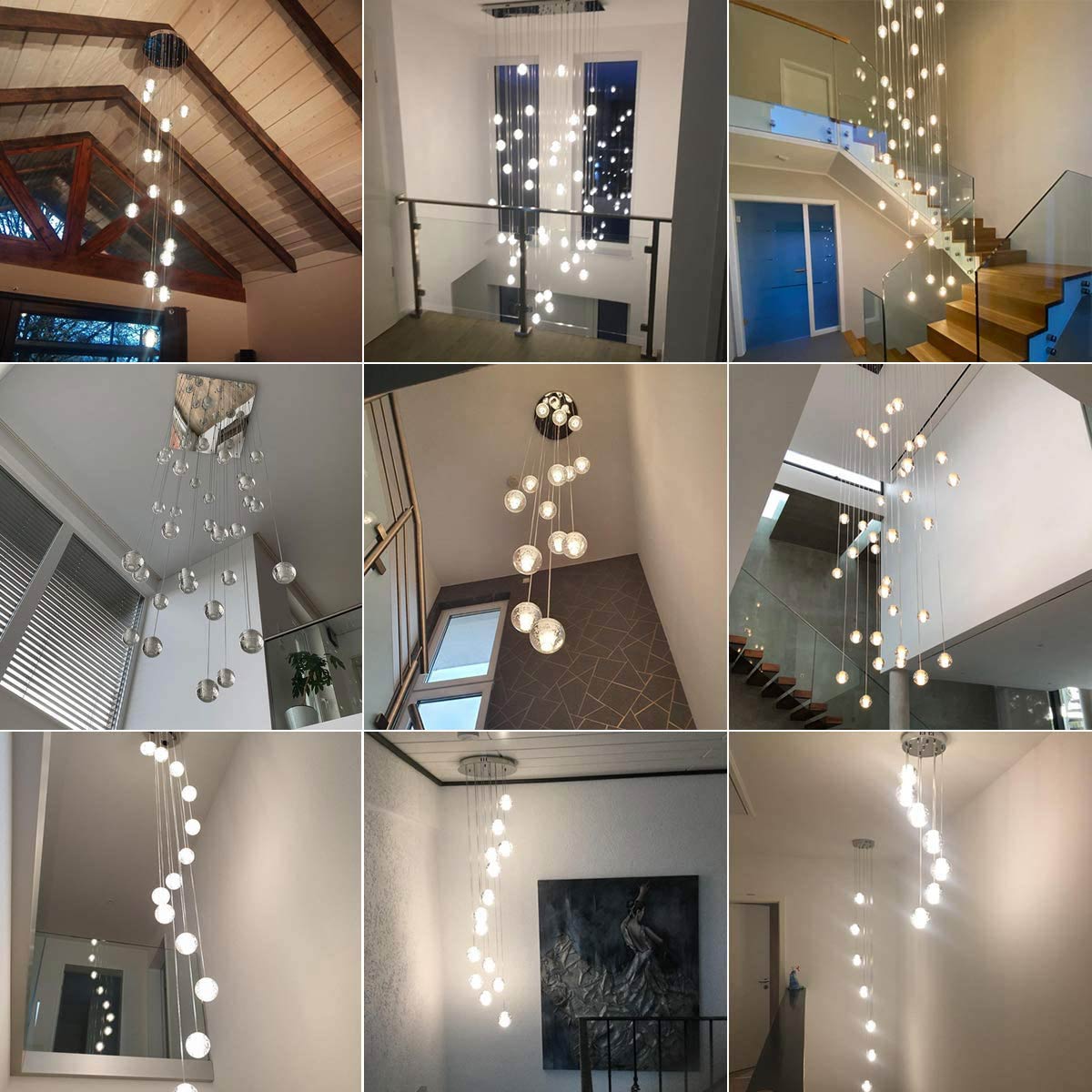 Photo collage of real customer installations showing crystal bubble chandeliers in modern staircases and entry foyers