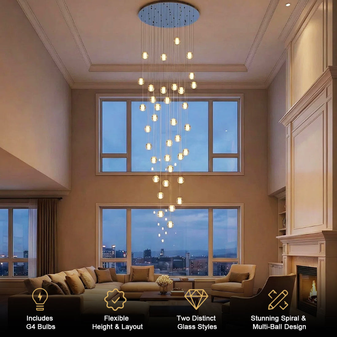 Modern spiral crystal bubble chandelier suspended from round chrome canopy in a contemporary high ceiling staircase