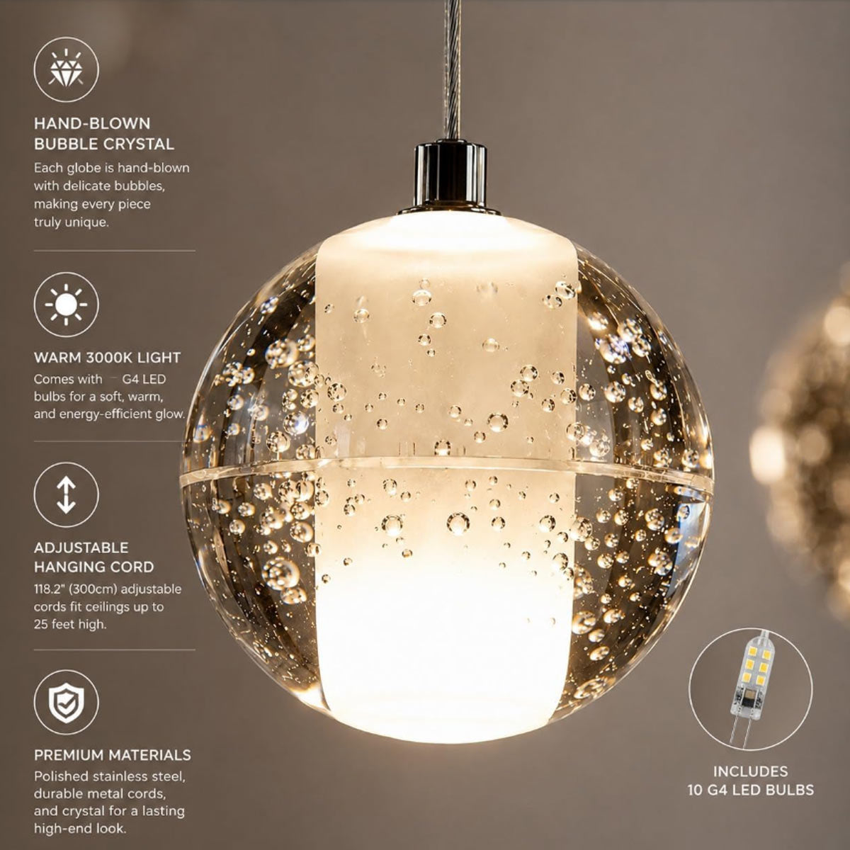 Feature diagram highlighting hand-blown bubble crystal glass, warm 3000K LED light, adjustable hanging cords, and stainless steel hardware
