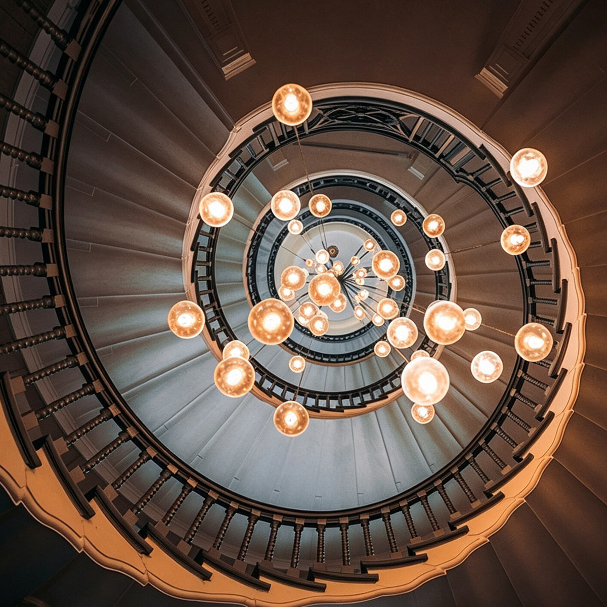 Overhead perspective looking down a curved spiral staircase showing cascading illuminated crystal globes