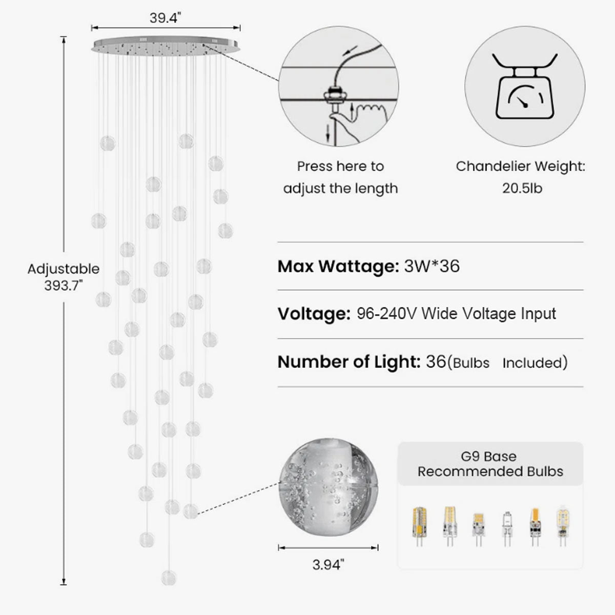 Dimensions and specifications diagram for 36-light spiral crystal chandelier with 39.4-inch round canopy and adjustable cables