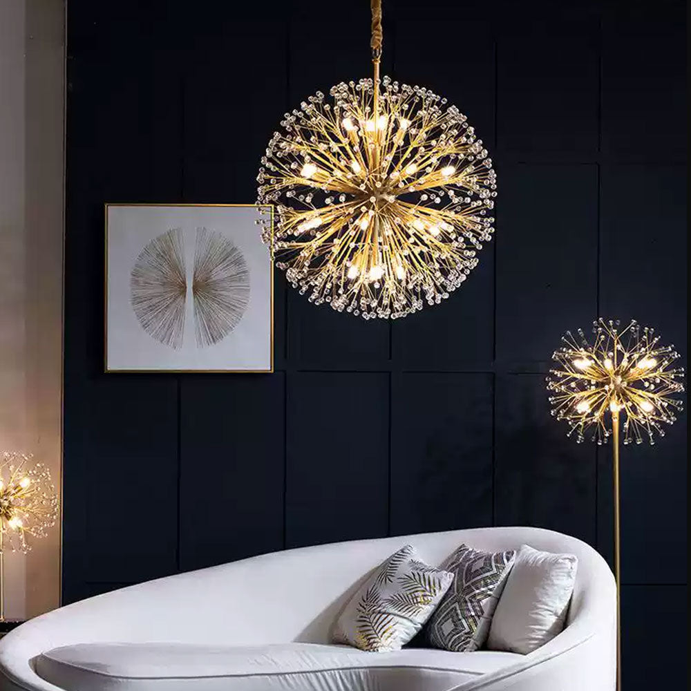 Dandelion crystal chandelier viewed from below showing radial sphere arrangement