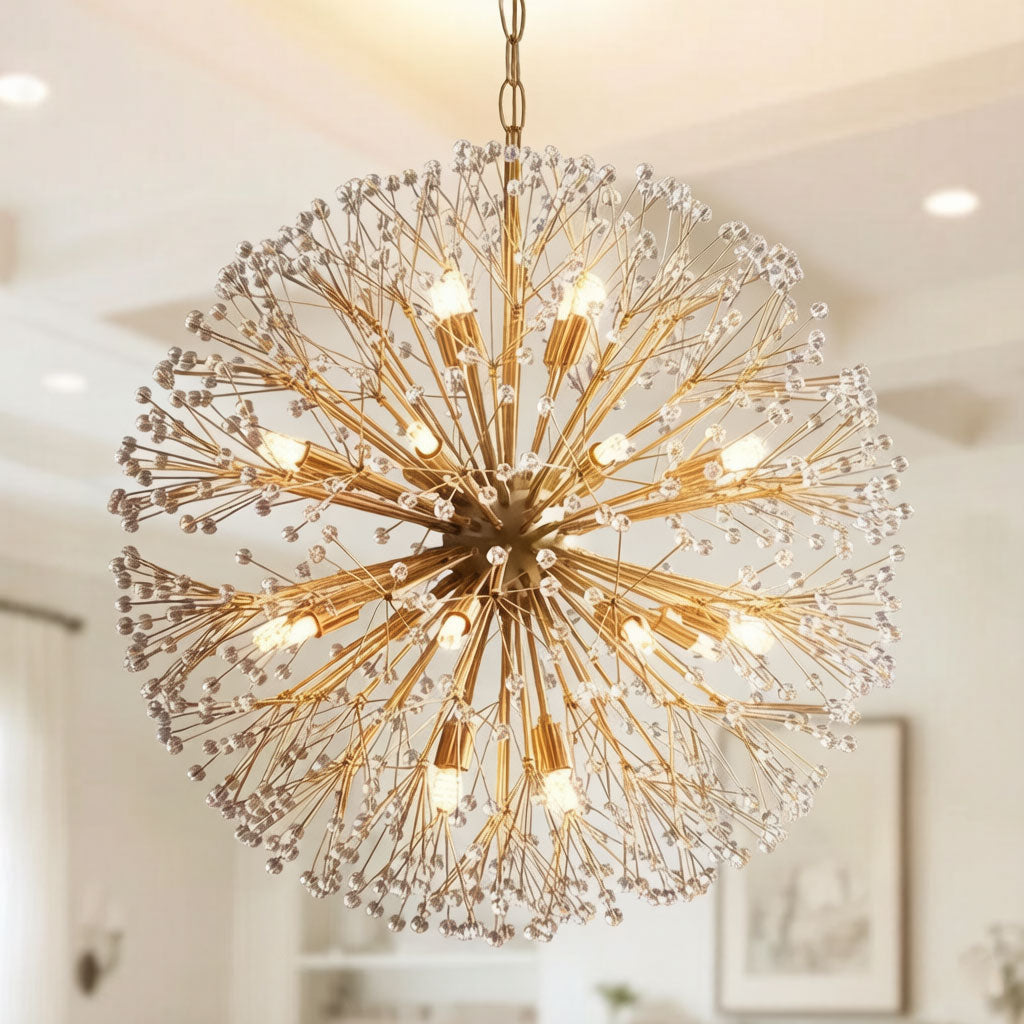Dandelion crystal chandelier in a foyer or entryway with adjustable hanging height