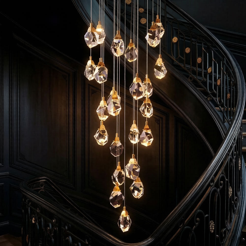 Diamond-shaped staircase chandelier viewed from below showing crystal arrangement