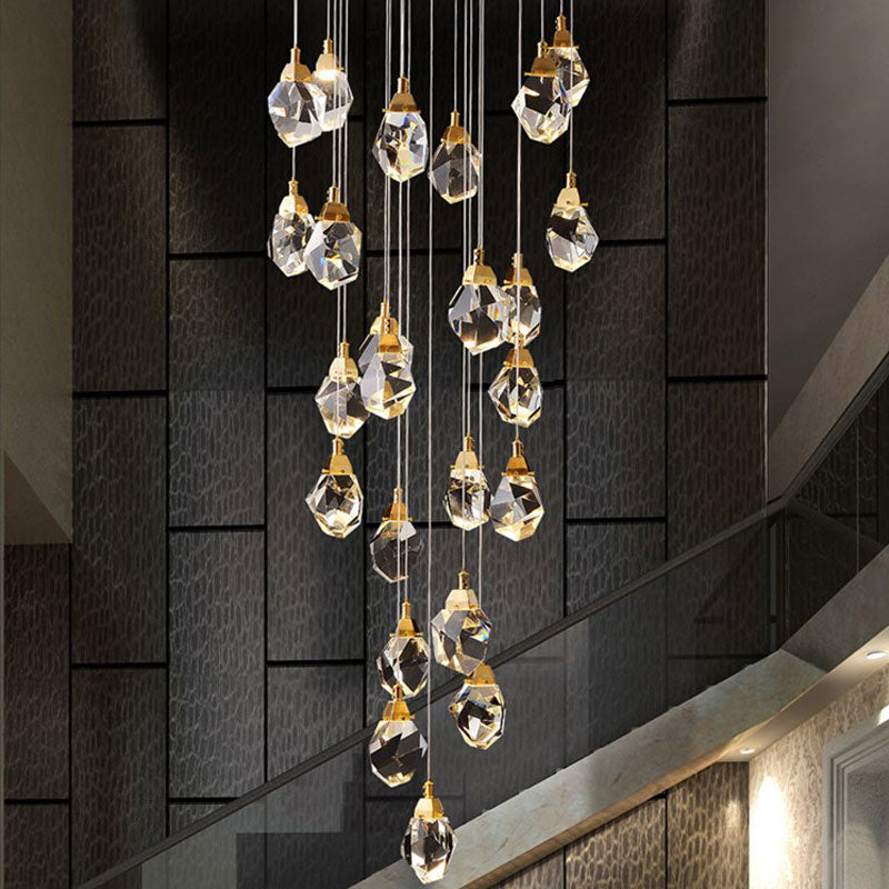 Diamond-shaped chandelier with teardrop crystals and adjustable height for vaulted ceilings