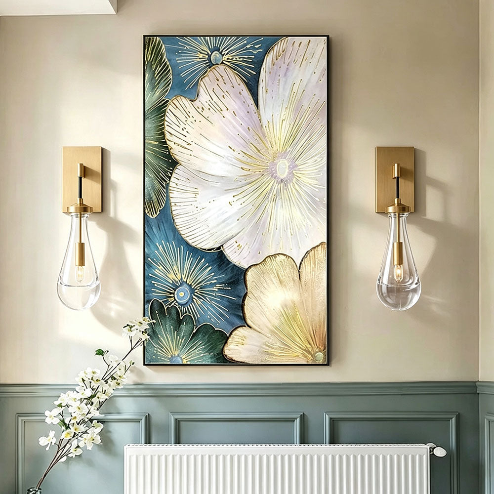 Pair brushed brass teardrop clear glass wall sconces, decorative wall lamps flanking wall art, modern vintage wall light for entryway hallway with two‑tone wainscoting wall