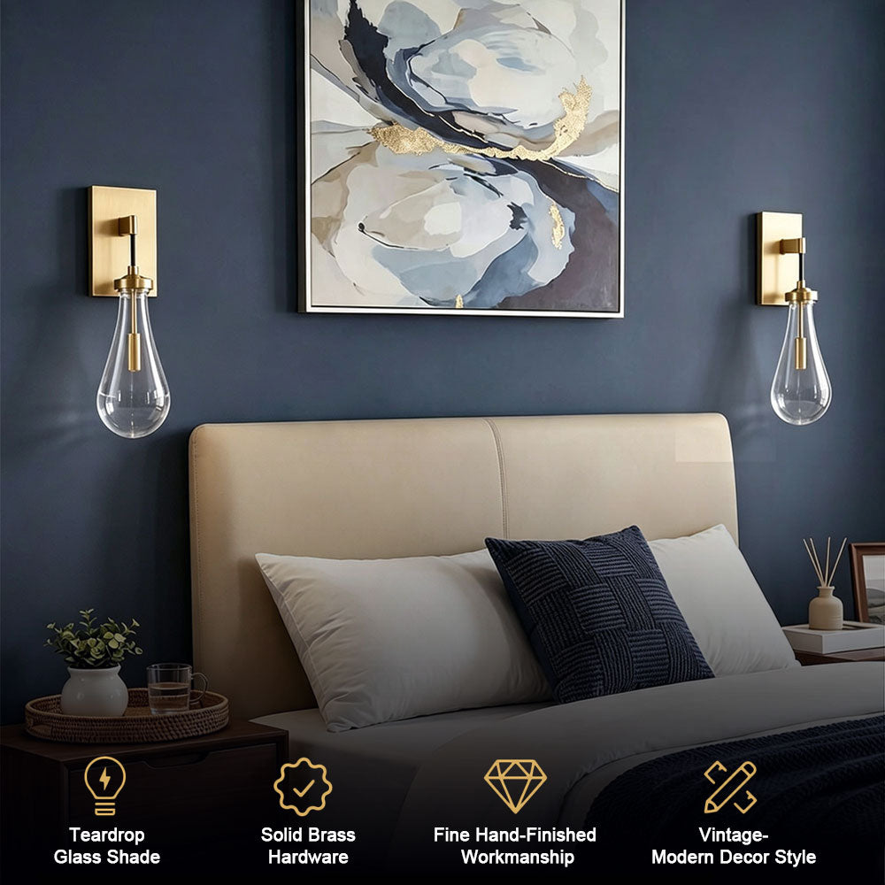 Single modern brass gold teardrop clear glass wall sconce, farmhouse bedside wall light, decorative wall lamp on panel wainscoting bedroom accent wall