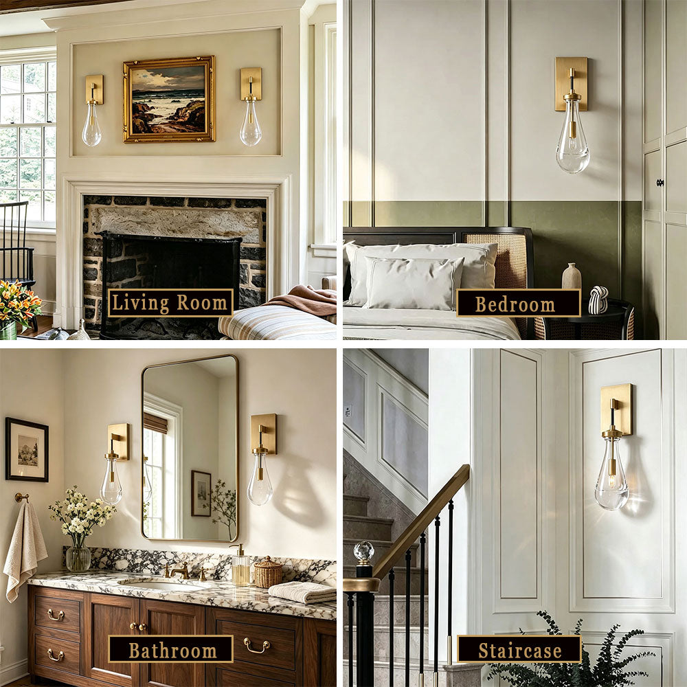 Brass teardrop clear glass wall sconce multi‑scene collage, versatile wall light for living room bedroom bathroom stairway hallway, modern farmhouse decorative wall lamp multiple application scenarios.