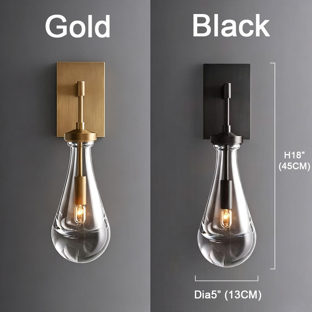 Brushed brass teardrop clear glass wall sconce dimension diagram, single wall light product shot with size markings H18 inch Dia5 inch, grey background product spec image.