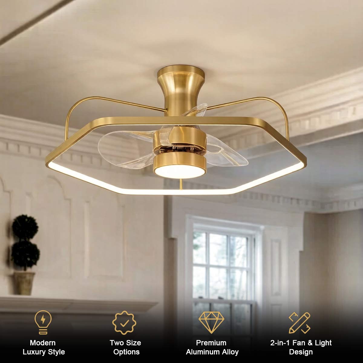 Flush mount ceiling fan with integrated light in a modern bedroom
