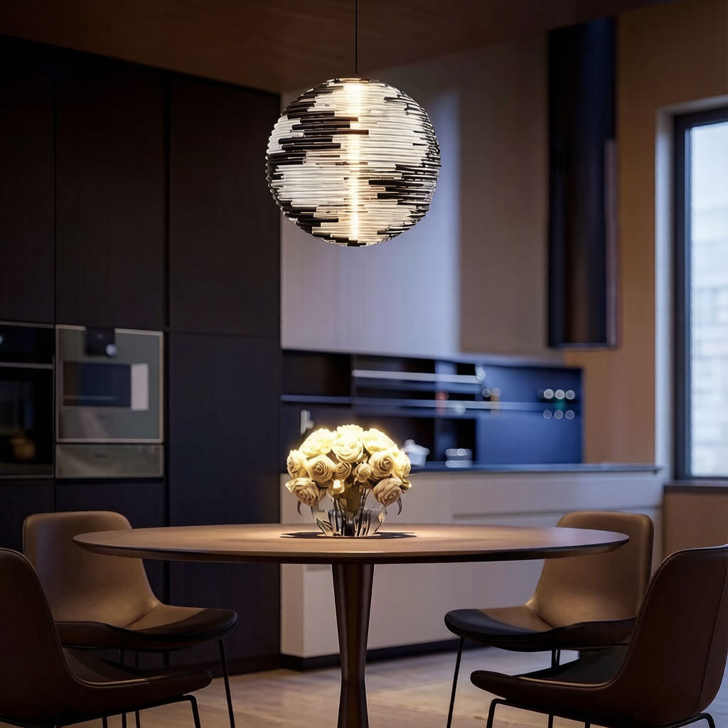 Glass globe pendant light hanging over a dining table with warm ambient glow
