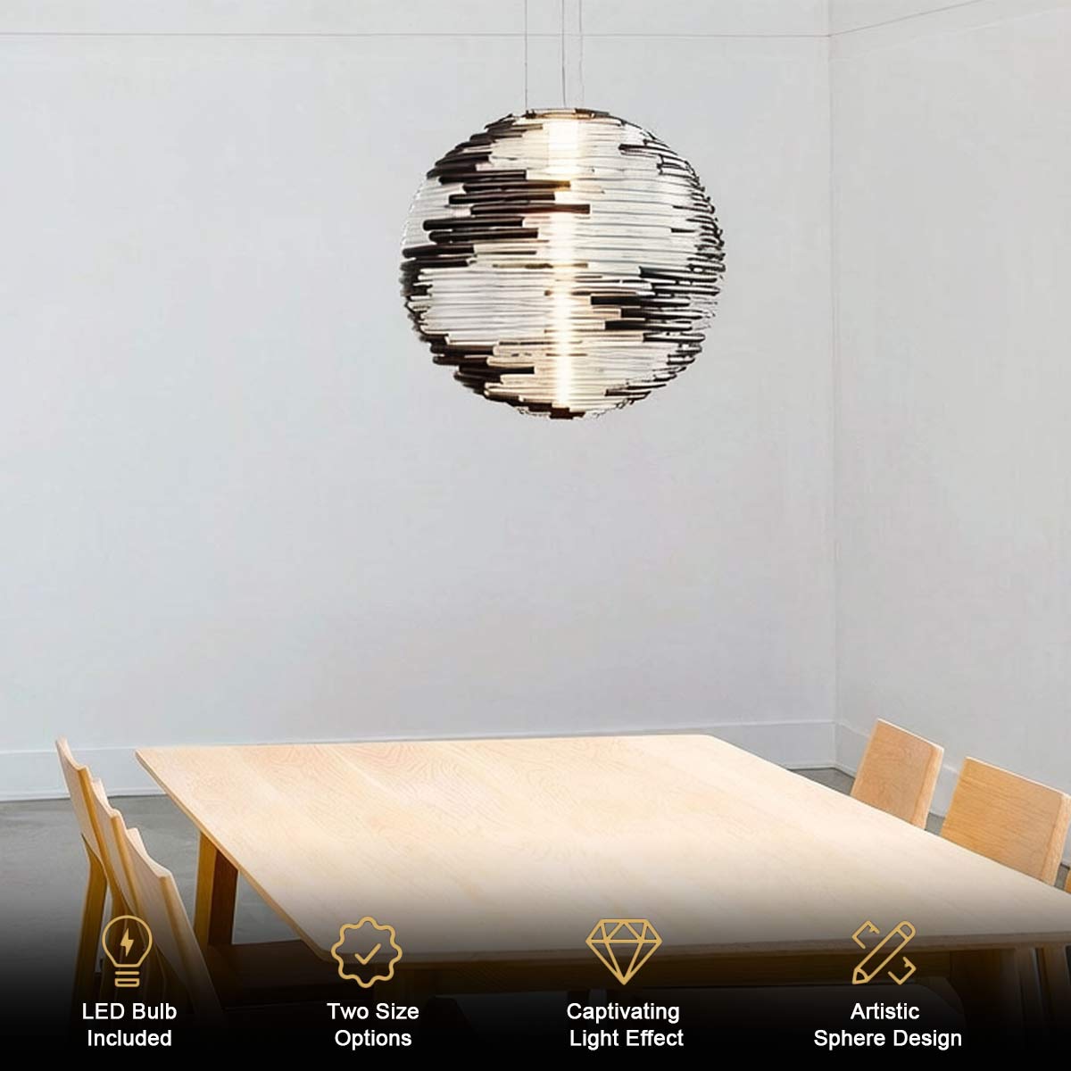 Glass globe pendant light displayed in a modern living room