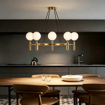 Nordic White Globe Ring Chandelier, brass circular frame with frosted glass globe shades, modern pendant light