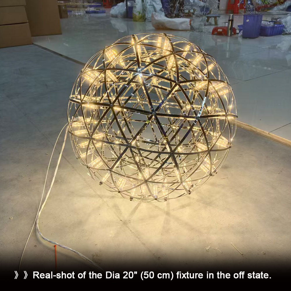 Geometric sphere chandelier viewed from below showing full 360-degree light effect