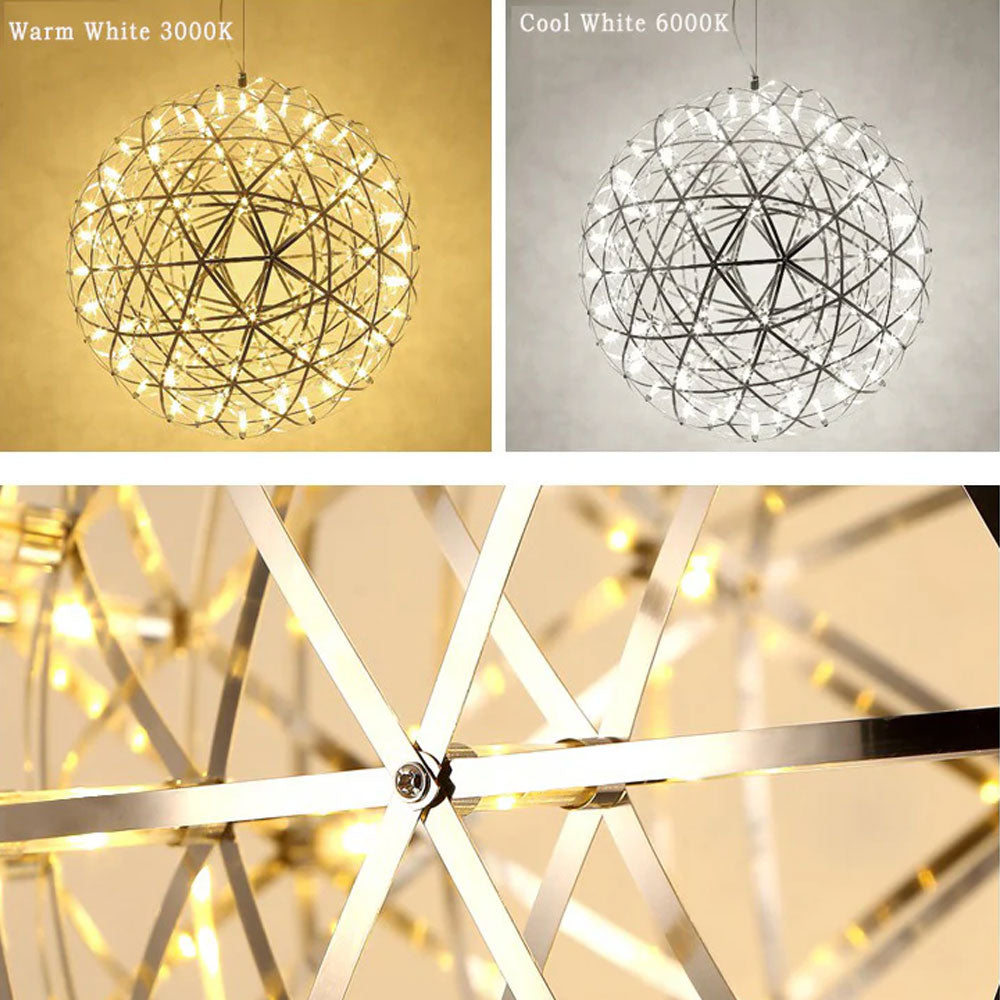 Geometric sphere pendant light close-up showing crystal LED strand detail and gold frame