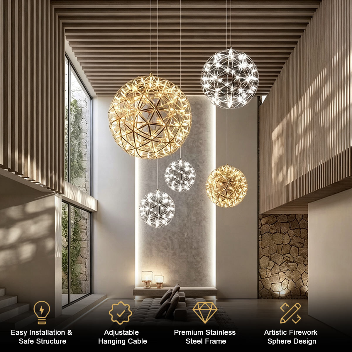 Modern multi-globe pendant light with suspended glass shades