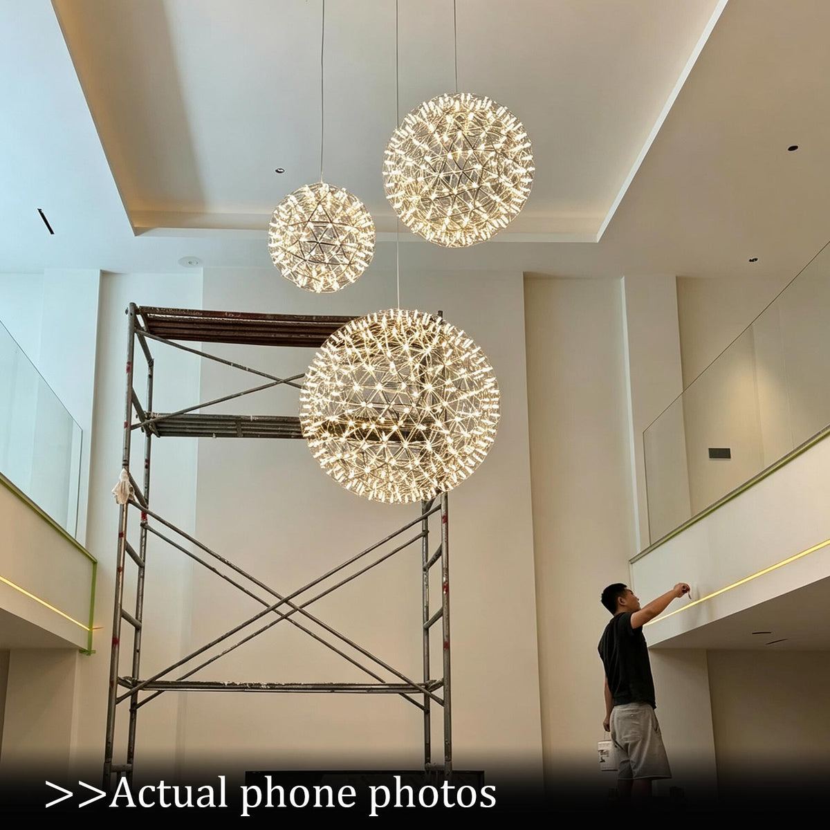 Close-up of a modern globe pendant light and glass shade