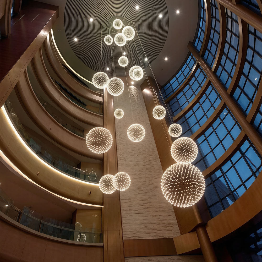 Modern geometric sphere pendant light in a restaurant setting with warm ambient glow