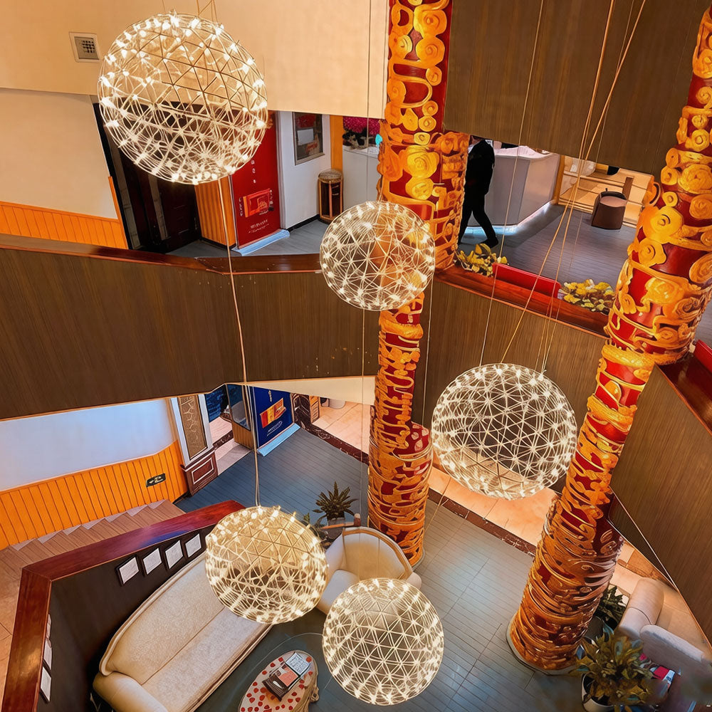 Geometric sphere chandelier size comparison showing multiple available sizes