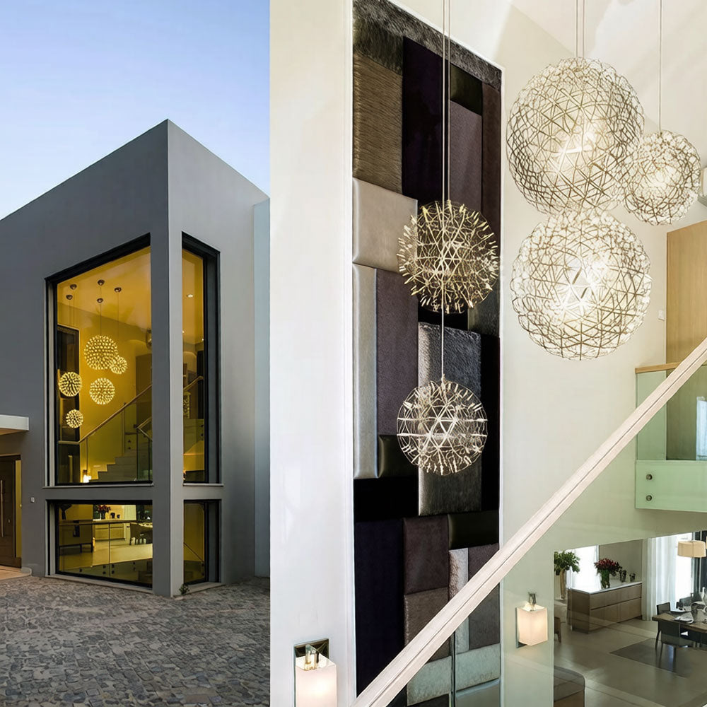Modern globe pendant light with gold-plated stainless steel frame in a living room
